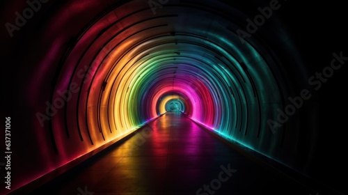 a corridor with colorful lights in the dark.