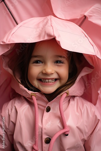 In a sweet and joyful moment, a smiling toddler girl wearing a bright pink coat stands out among her surroundings, radiating innocence and delight