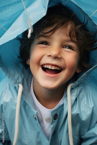 A young boy with a bright smile wearing a blue raincoat stands confidently, his toothless grin adding a sense of youthful innocence to the portrait