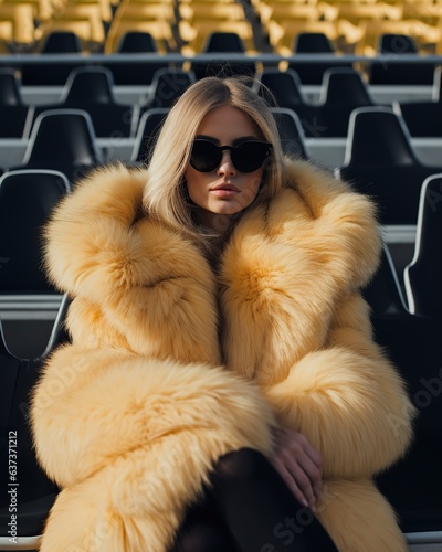 A woman in a luxurious fur coat, perched atop a chair with stylish sunglasses, basks in the sun while looking stylishly elegant indoors and out