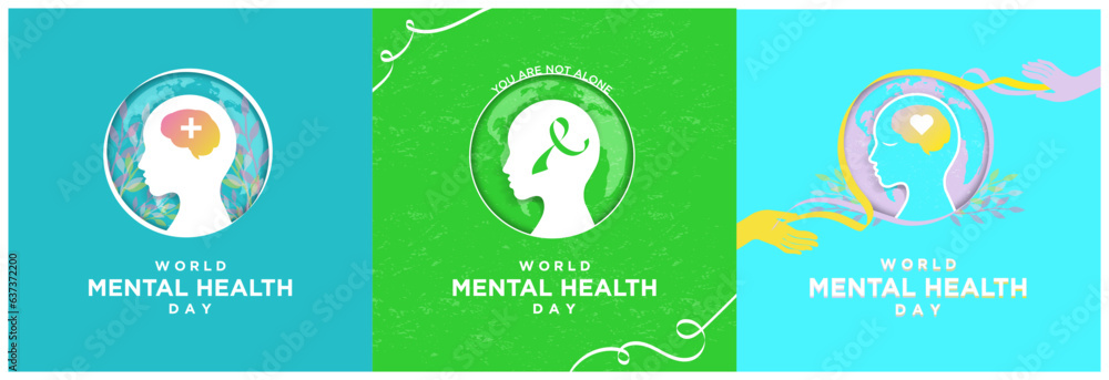 World Mental Health Day Concept Greeting cards. Head profile with colorful brain with healthcare symbol and heart. Lime Green Awareness Ribbon symbolizing mental health. Vector Illustration.
