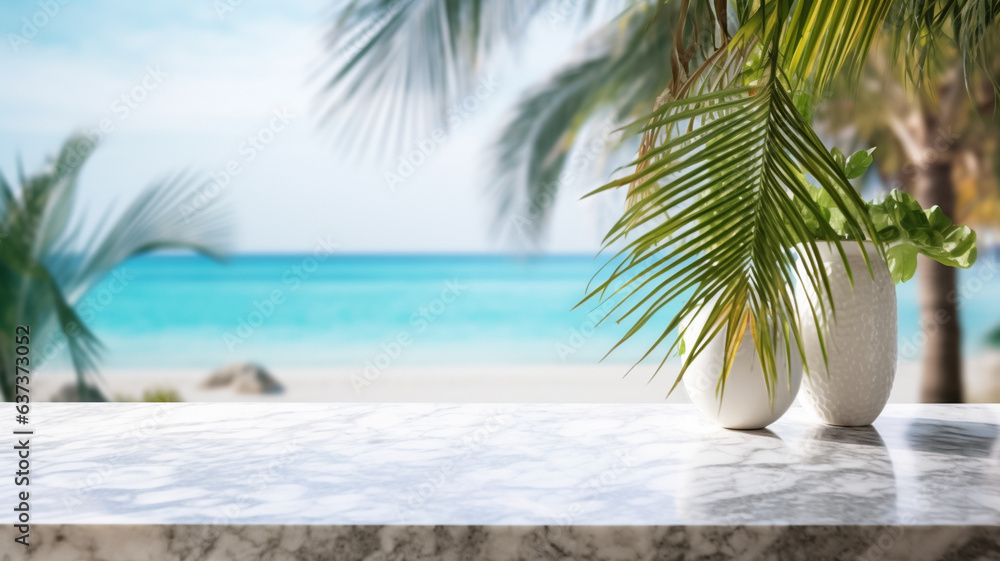 Fototapeta premium Marble table and blurred sea palm trees in a background, product display, ai generative