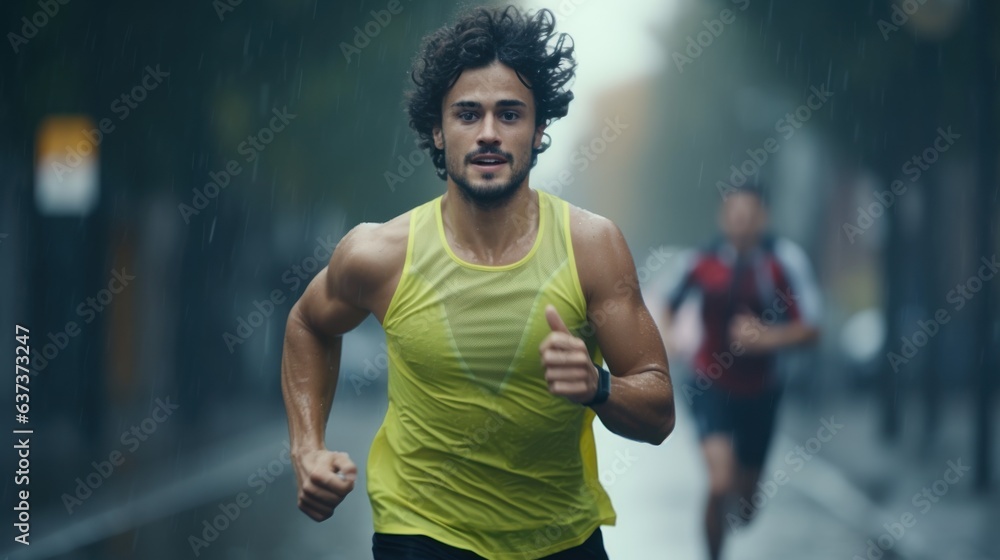 Male athlete runners running marathon on the road in the urban during rain fall and sunset.