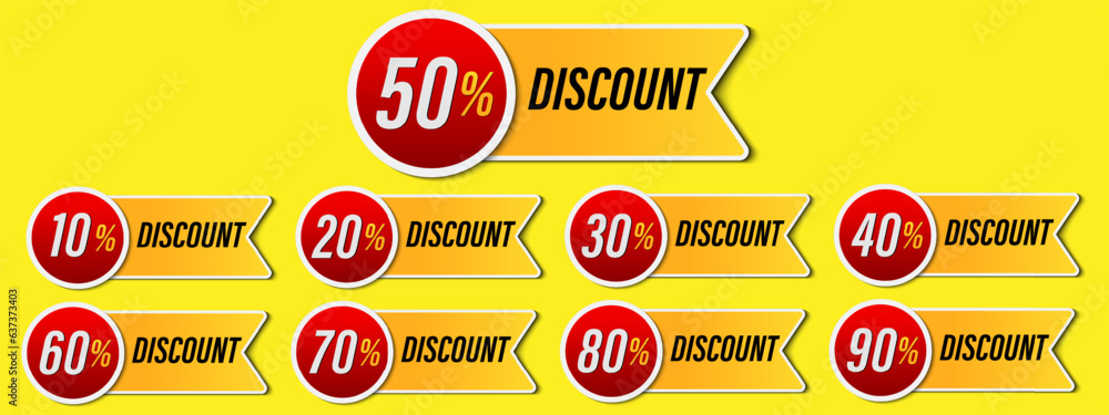 Set of discount label vector Illustration 10, 20, 30, 40, 50, 60, 70, 80, 90 percent, Promotion red and yellow design for an advertising campaign at retail clearance, special offer, tag, sticker flat.