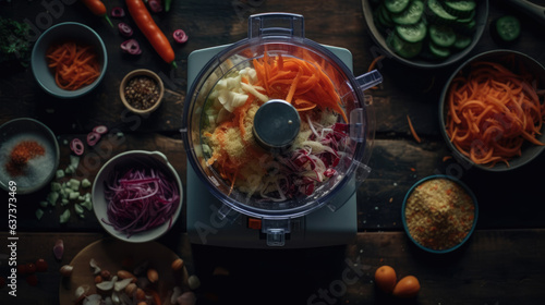 overhead view of food processor with sliced vegetables.