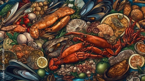 Freshly caught seafood platter . Fantasy concept , Illustration painting.