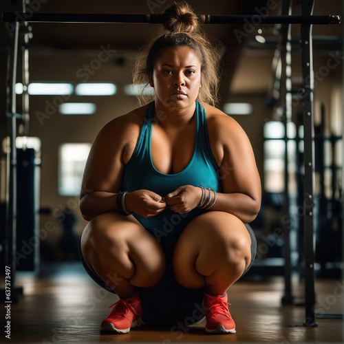 Overweight young woman exercising in the gym