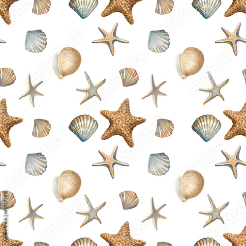 Watercolor summer pattern.Beach watercolor elements .Sea print. Tropic objects:seastars,seashells,algae.
