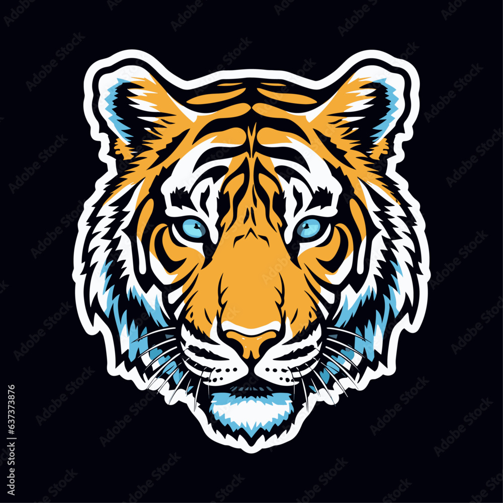 Tiger sticker, isolated on black background, vector illustration. Tiger sticker, isolated on black background, vector illustration.