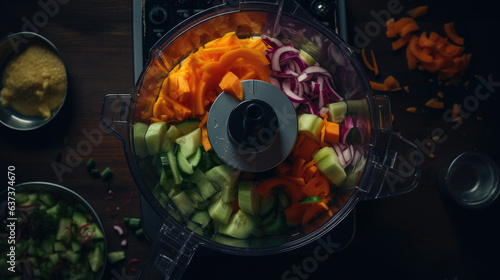 overhead view of food processor with sliced vegetables.