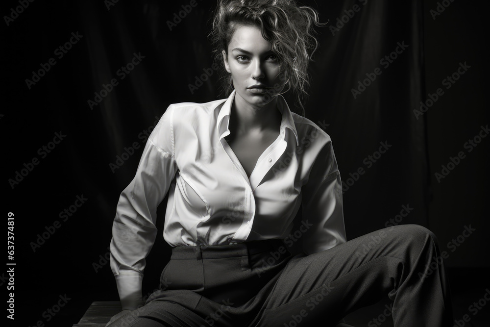 a black and white photo of a businesswoman sitting on the floor, ai generated. a black and white photo of a businesswoman sitting on the floor, ai generated.