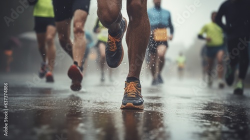 Close-up feet of group runner running marathon on the road in the urban during rain fall and sunset.