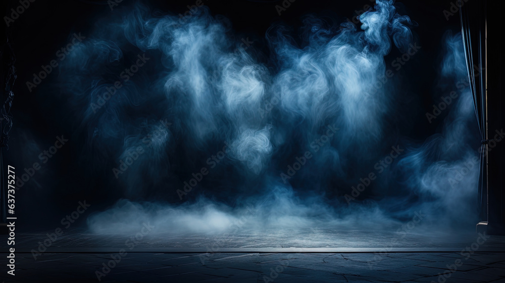 Empty night gloomy scene, moonlight rays, blue neon, smoke, smog. AI generation - obrazy, fototapety, plakaty 