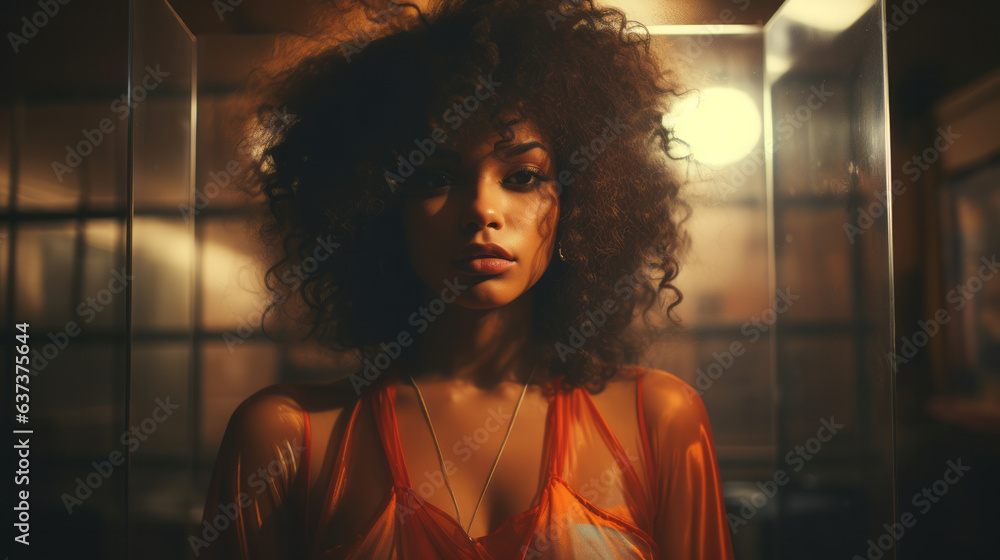 Φωτογραφία Stylish portrait of a black african american gorgeous girl , high key , seventie