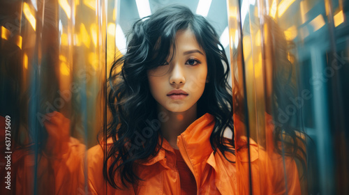 Stylish portrait of an asian gorgeous girl , high key , seventies psychedelic dreamscape style