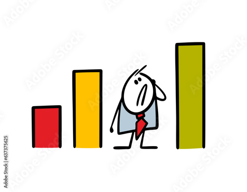 Sad businessman fell between the company success indicators. Vector concept illustration of a stickman and a commercial profit chart.