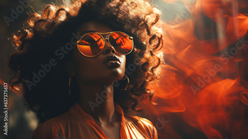 Stylish portrait of a black african american gorgeous girl , high key , seventies psychedelic dreamscape style photo