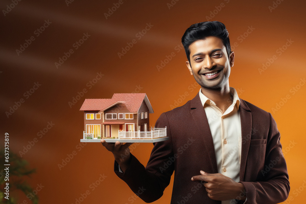 Man smiling and showing house. real estate concept.