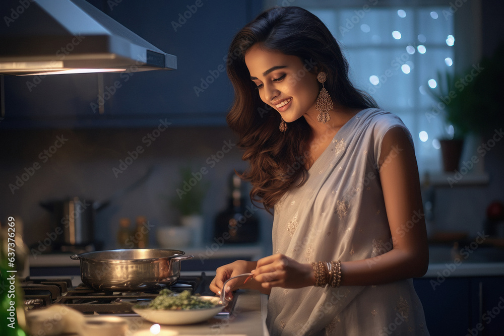 Indian woman in traditional saree and cooking at kitchen