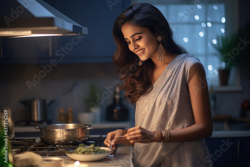 Indian woman in traditional saree and cooking at kitchen