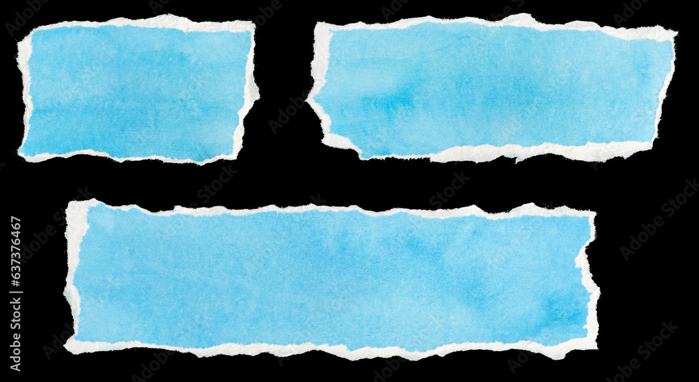 Set of Ripped blue paper note message template isolated on black background