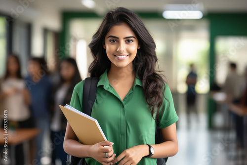 Young indian college girl holding backpack and books and giving happy expression. photo