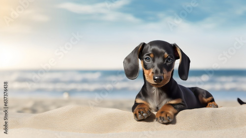black dapple dachshund puppy dog laying alert on sand at the beach in sun with copy text space