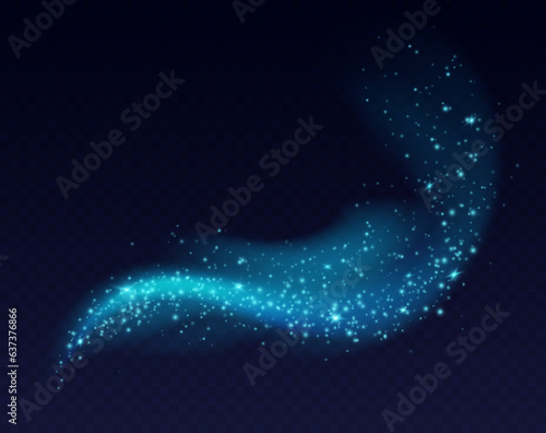 Blue dust cloud with sparkles isolated on dark background. Stardust sparkling background. Glowing glitter smoke or splash. Vector illustration. Christmas decoration.