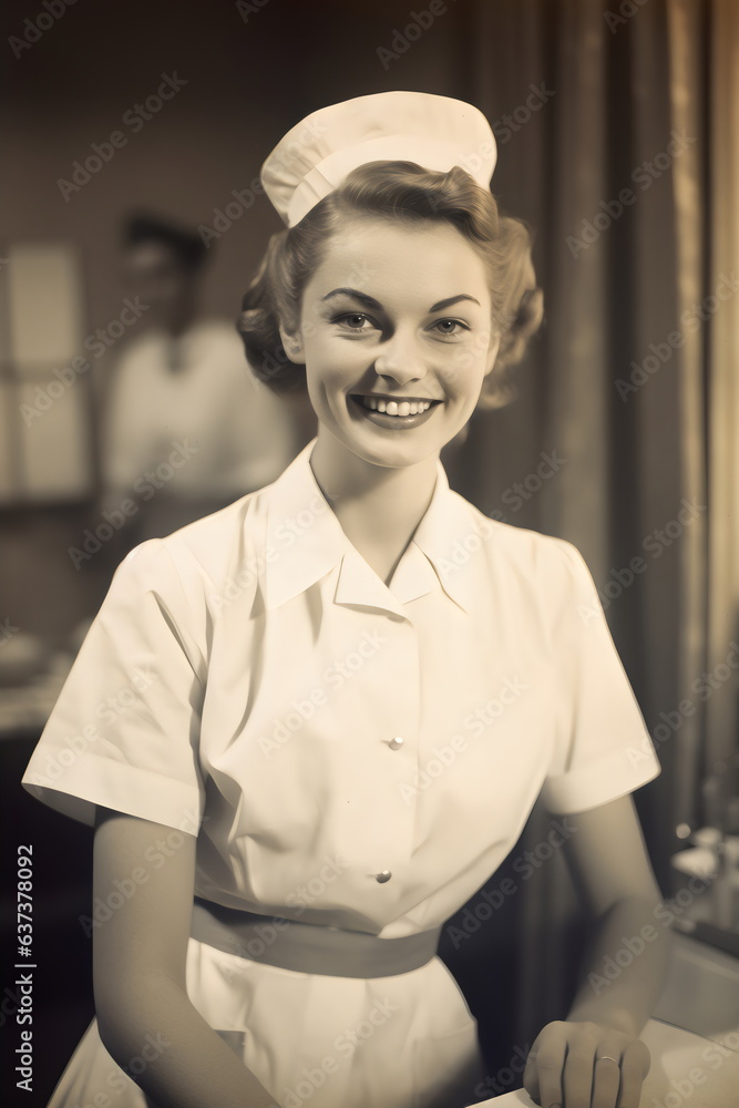 vintage portrait of smiling nurse in black and white sepia photo style ...