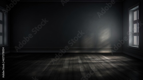 Empty dark room with a window, moonlight through the window, shadows, rays of light. AI generation © MiaStendal