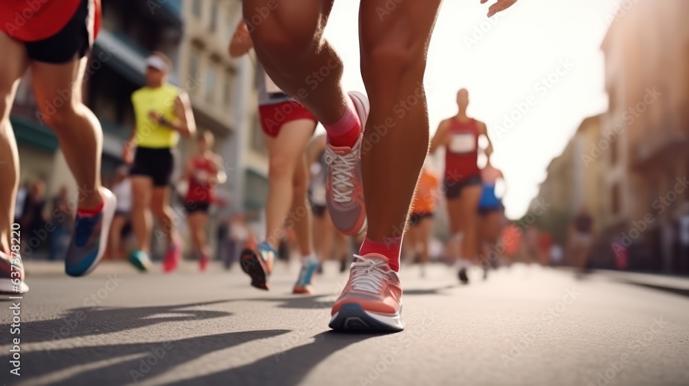 Φωτογραφία Close-up feet of group runner running marathon on the road in the urban during rain fall and sunset