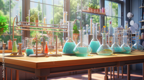 Laboratory Bench with Colorful Chemical Bulbs and Tubes
