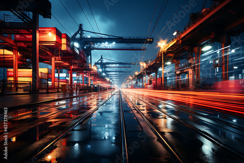 Night Long Exposure Scene of a Container Shipyard Logistics Shipyard, Digital Concept Render