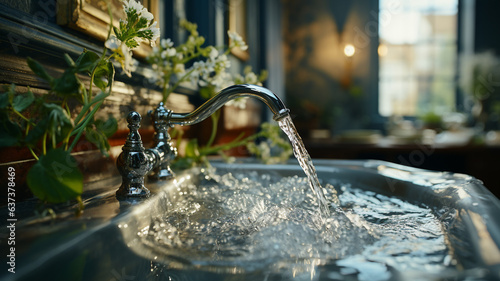 faucet with water flowing in the kitchen sink