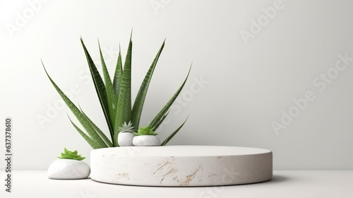 white stone stand podium decorating with green nature tree leaf pot free space for sample product sdvertising mockup backdrop ai generate