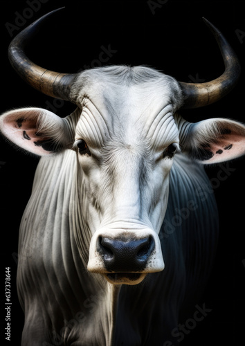 Photograph of a white ox on a dark background conceptual for frame