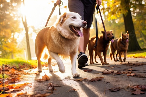 Professional Dog Walkers. Dog Walking Business, Services. Professional dog walker, pet sitter walking with different breed and rescue dogs on leash at city park photo