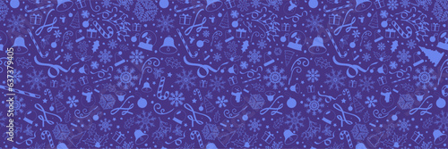 Seamless Monochromatic Christmas banner with blue Christmas elements. Vector Illustration. EPS 10. 