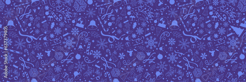 Seamless Monochromatic Christmas banner with blue Christmas elements. Vector Illustration. EPS 10.
