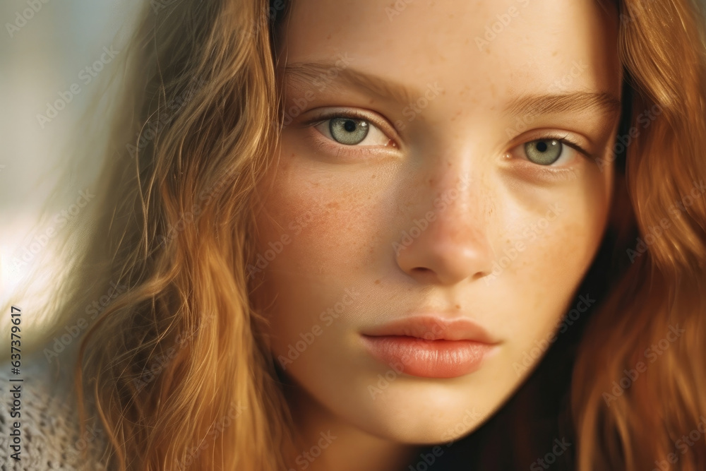 Portrait of a girl of Slavic appearance with freckles without makeup Portrait of a girl of Slavic appearance with freckles without makeup