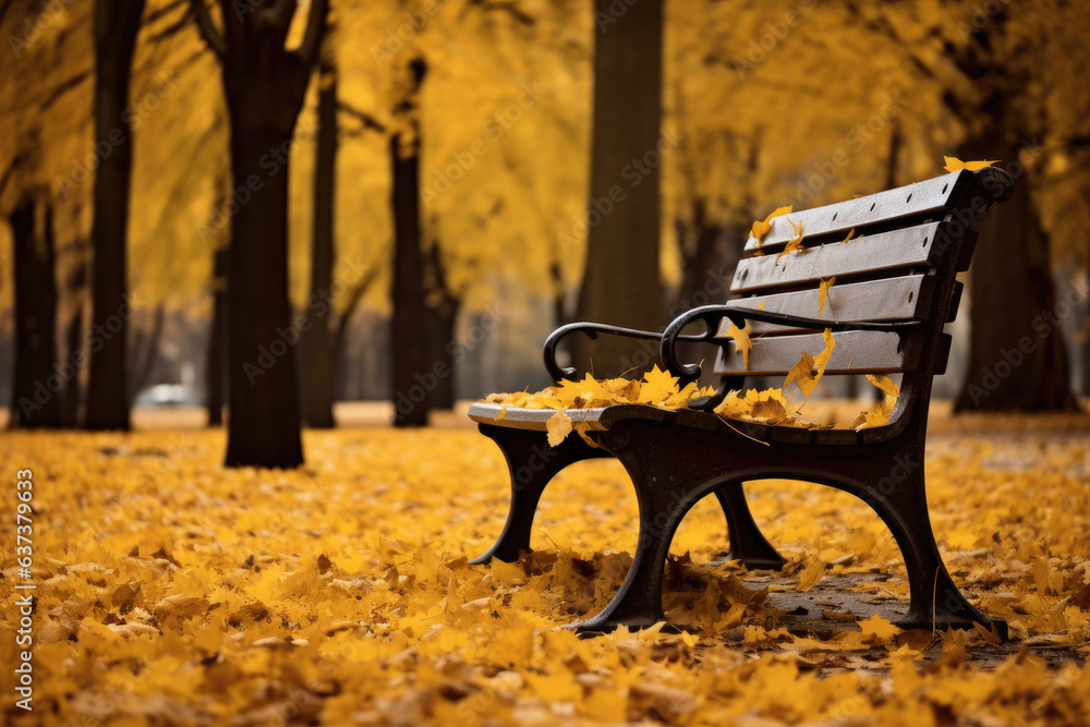 Park bench under autumn leaves