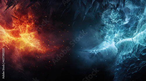 Blue and red, ice and fire background texture, different kind of the elements fights each other, two elements touch in the middle