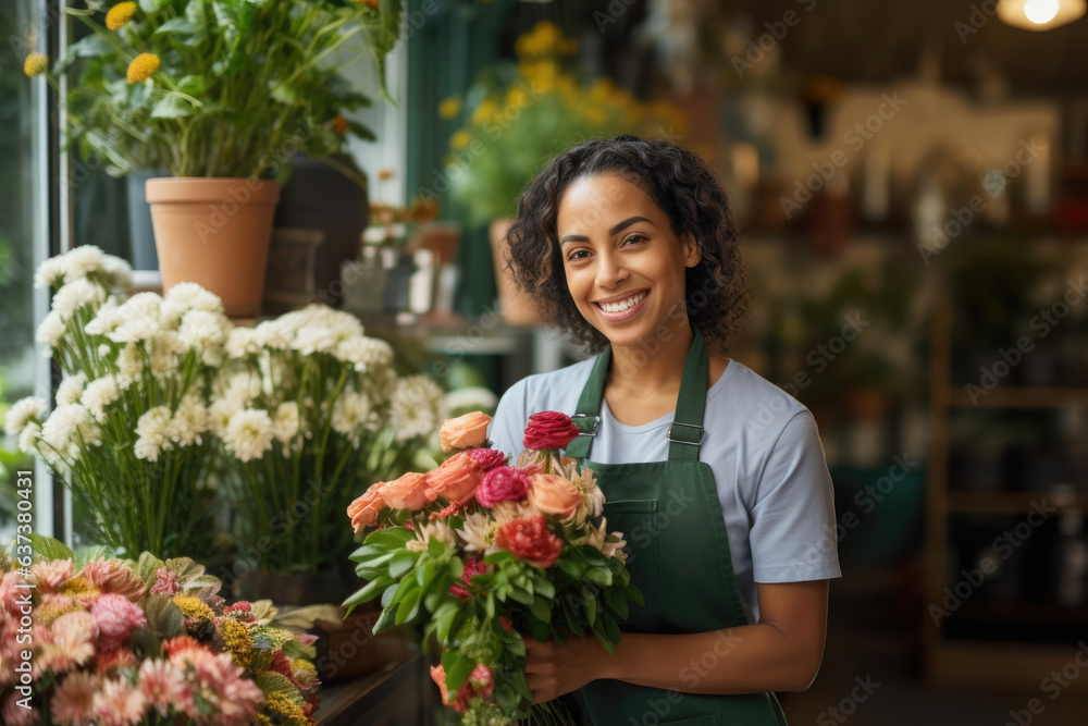 Young Latin American woman florist in the workplace