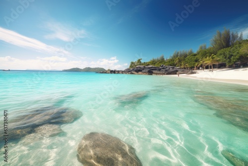 A picturesque beach with crystal clear blue water and rocky formations