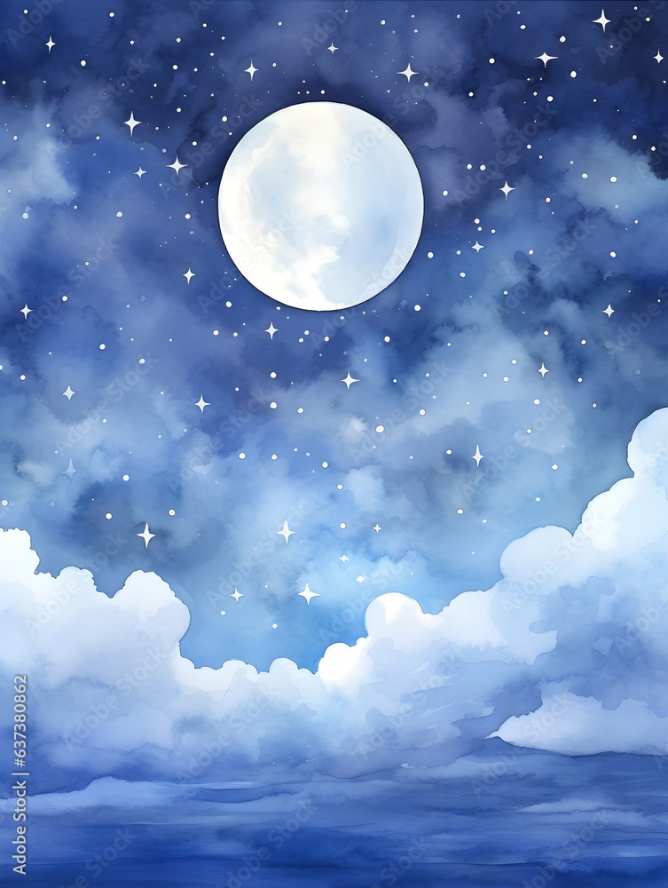 watercolor moon night, blue sky and clouds, dark forest