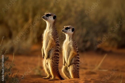 Two meerkats standing on a dirt field © Marius