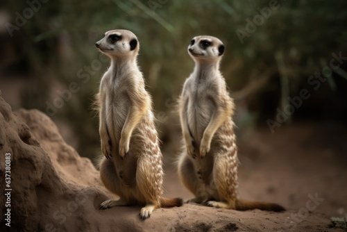 Two meerkats standing tall on their hind legs © Marius