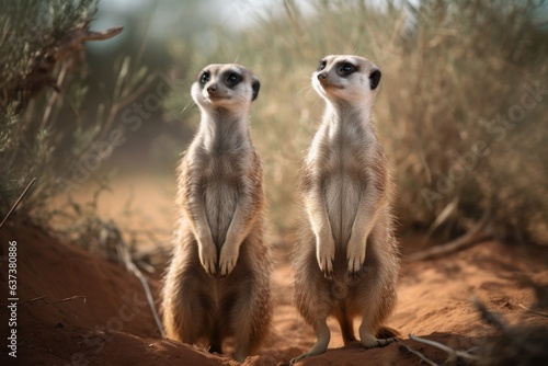 Two meerkats standing on a dirt hill