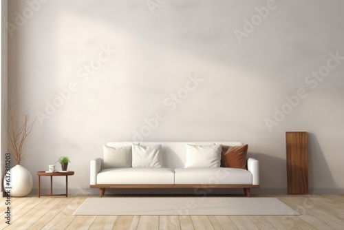 Modern interior design of the living room with a white sofa and pillows and an empty background