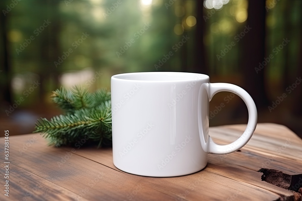Empty blank mock up of white ceramic coffee mug with fir tree branch on a forest background Empty blank mock up of white ceramic coffee mug with fir tree branch on a forest background